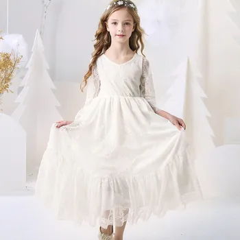 Детски момичета дантела рокля дълги рокли малко дете бебе плътен цвят къдрава тюл дълъг ръкав принцеса рокля деца сватбено тържество халат