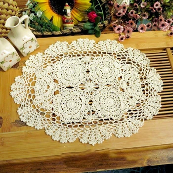 Ръчно изработени плетене на една кука памучна дантела Подложки за маса Овална подложка за декорация на маса