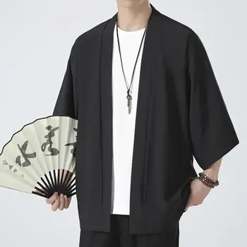Удобни мъже Топ мъже дишаща риза японски стил мъжки кимоно жилетка плътен цвят самурай костюм риза яке за трима
