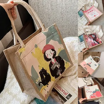 Дамски пазарски чанти Японска ленена платнена чанта Чанти за купувачи на рамо Малка квадратна ръчна чанта за печат Сладка сладка кутия за обяд