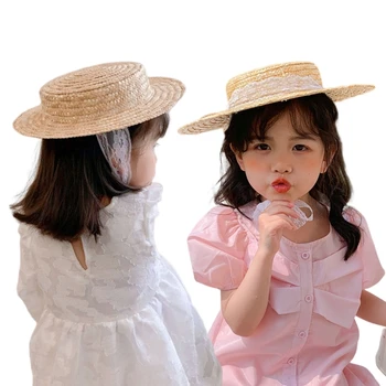 Мода дантела нагоре плосък връх шапка бебе слама слънце 1-3Y момиче летен плаж-шапка