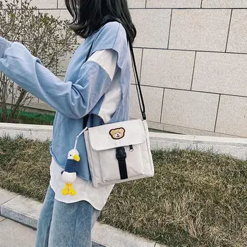 Дамска мода Корейска проста чанта за рамо Ulzzang Универсален сладък мечок платно пратеник чанта случайни голям капацитет рамо чанта
