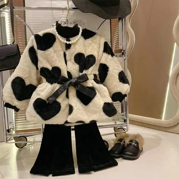 Палто на момичетата любов мъниста вълна удебелена крава топло палто яке 2023 зима нова мода детски връхни дрехи Жилетка