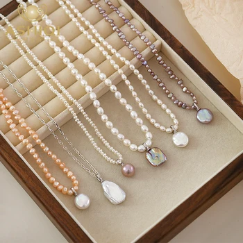 ASHIQI мода истински естествен барок сладководна перла висулка огърлица 925 стерлинги сребро за жени