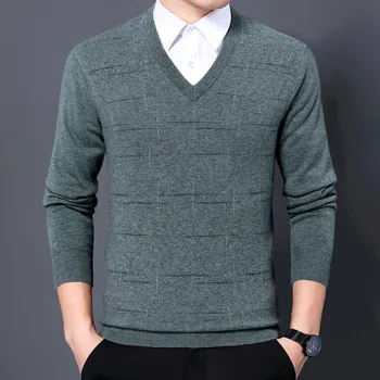 Дебели 100% вълна Мъжки пуловери 2023 Зима Есен V-eck дълъг ръкав мъжки чист кашмир вълна топли плетени джъмпери