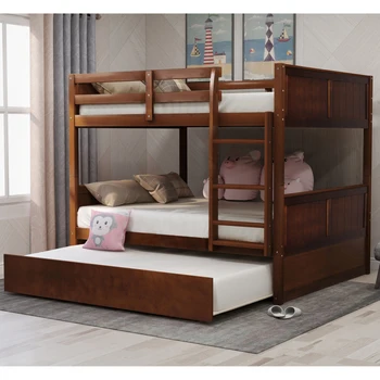 Пълно над пълно двуетажно легло с двоен размер Trundle, безопасност, спестете място, разтегателно легло с подвижни колела
