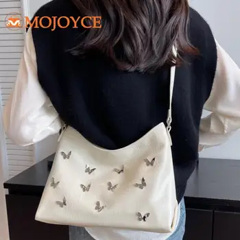 Simple дами чанта за подмишници Y2K метална пеперуда разкрасяване Crossbody чанта жени голям капацитет рамо чанта PU кожа чанти