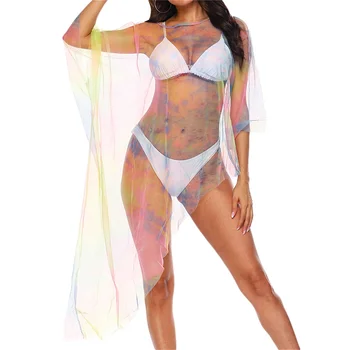 Foohoostore Жени бикини Cover-Ups Mesh прозрачен моден печат екипажа врата нередовни Hem плаж бански слънцезащитни Плажно облекло