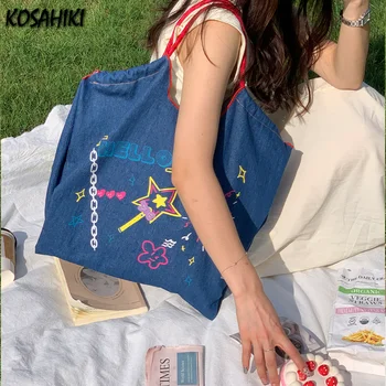 Висока личност Графити Деним чанти Y2k Kawaii писмо печат голяма пазарска чанта жени Preppy сладки Ins рамо подмишниците чанта