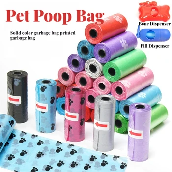  Pet Poop чанти за еднократна употреба куче отпадъци торби, насипни Poop чанти с каишка клип и кост чанта дозатор 1Roll (15Pcs) чанти с лапа отпечатъци