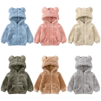 Малко дете бебе руно с качулка суитчър деца случайни зимни топли мечки уши палто цип нагоре детско яке бебе палто облекло новородено