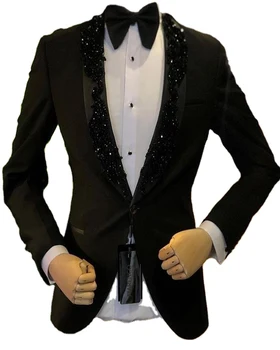 Мъжки черен бродиран блейзър яке мъжки костюм Mans младоженец смокинги за официални сватбени костюми съдържа само едно яке адаптивни