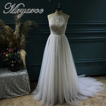 Mryarce елегантни дантелени тюл оглавник сватбени рокли 2021 A Line Рустик отворен гръб булчински рокли