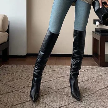 Секси жени коляното високи ботуши заострени пръсти рицар токчета ботуши есенна мода PU кожа плисирани дълги ботуши зимни обувки черно бяло