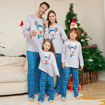 Коледа пижама комплект съвпадение семейство Коледа Pjs синьо каре отпечатани татко мама ми дъщеря двойки деца бебе дълъг ръкав 2024 ново