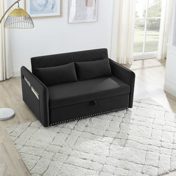  Модерен разтегателен диван с USB порт, 3 в 1 регулируем разтегателен диван, подплатен разтегателен диван, легло за почивка на един човек със страничен джоб