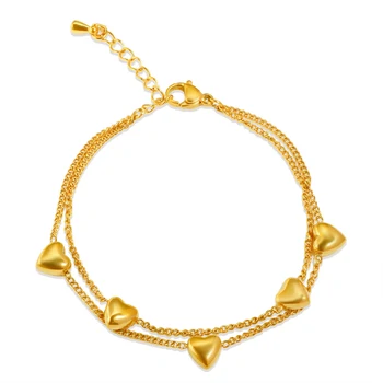 JINHUI Златен цвят Триизмерен чар във формата на сърце Класическа двойна верижка Гривна от неръждаема стомана Изящна за жени бижута