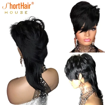 Pixie Cut Wigs Human Hair Full Machine Made Wig With Bangs Dovetail Straight Brazilian Human Hair Wigs Glueless Salon ShortHair