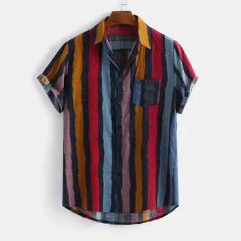 Pocket Hem къса лятна блуза ризи за мъже 2023 Свободни ризи Бучка ръкав Multi кръг Мъжка блуза Хавайски летни дрехи