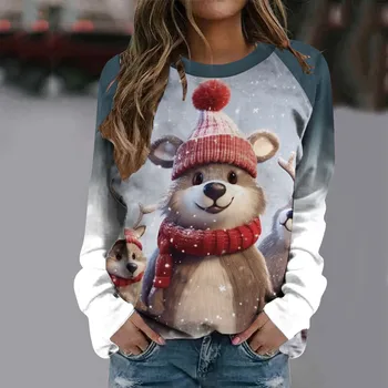 Извънгабаритни суитчър за жени забавно Коледа Дядо Коледа дърво снежинка печат пуловер Crewneck графични качулки за жени