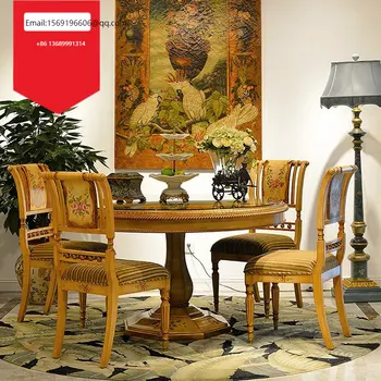 Френско ръчно рисувано масивно дърво 1.4м кръгла маса за хранене жълти цветя луксозна вила мебели и стол комбинация