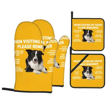Персонализирани ръкавици за фурна Border Collie и държачи за саксии Комплекти от 4 високо устойчиви на топлина домашни любимци куче подарък за готвене Ръкавици за печене Кухненско барбекю