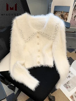 Есен Зима норка пуловер жилетка за жени ревера дълъг ръкав пачуърк диаманти твърди топли изрязани палта Crop Top мода нов