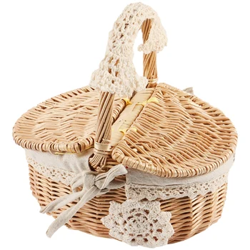 Ръчно изработени плетена кошница Ракита къмпинг пикник кошница пазаруване съхранение пречат и дървени ракита пикник кошница