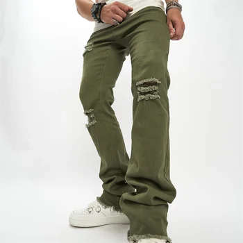 Мъжка мода зелен участък повреден тънък годни дънки панталони коляното дупки изтръгнат мъже случайни подредени Flare дънкови панталони