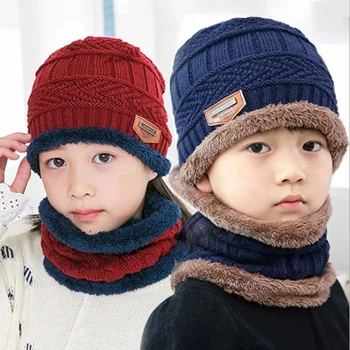 Детски зимен шапка шапка шал комплект руно облицована шапка вълнен шал топла плетена дебела шапка за момчета и момичета шапка шал комплект