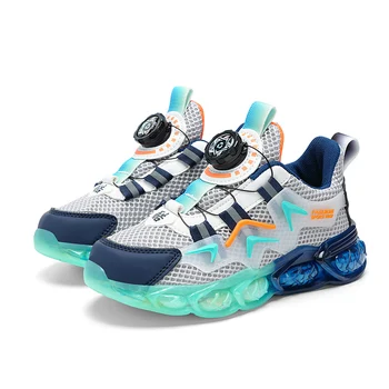 Двойна мрежеста тъкана мрежа дишащи спортни обувки за бягане Светещ въртящ се бутон Детски обувки