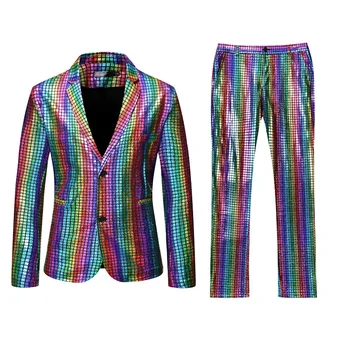 Мъжки комплект Rainbow Plaid Stamped Stage Nightclub Cool Show лъскав костюм панталони две части