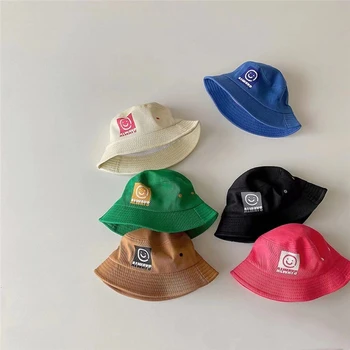 2022 Корейски детски кофа шапка памук рибар шапка за деца момичета момчета широка периферия панама шапка мода усмивка лицето рибар капачка