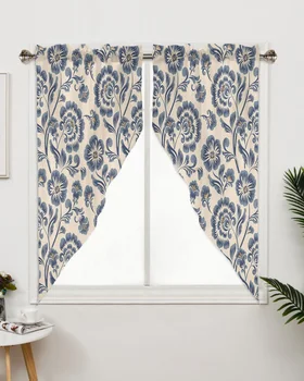 Флорални сини ретро цветни прозорци Завеси за хол спалня Домашен декор Триъгълна завеса
