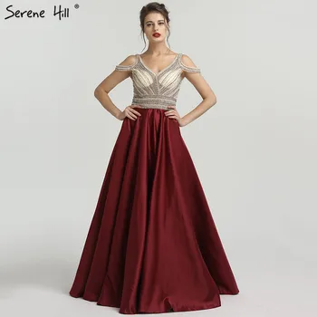 Вино червено секси v-образно деколте сатенени вечерни рокли без ръкави мъниста кристал мода A-Line абитуриентска рокля 2023 Спокоен хълм LA6183
