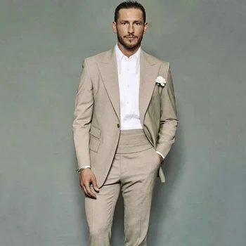 Terno Masculino One Button Blazer Красиви мъже Костюми Абитуриентски младоженец Сватбена рокля Slim Fit Tuxedos (Яке + Панталони + Пояс )