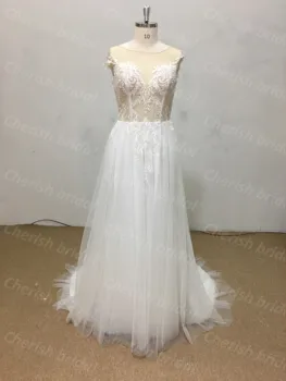 C3013A капачка ръкав илюзия дантела апликация булката рокля, елегантна V обратно A-линия булчинска рокля сватбена рокля