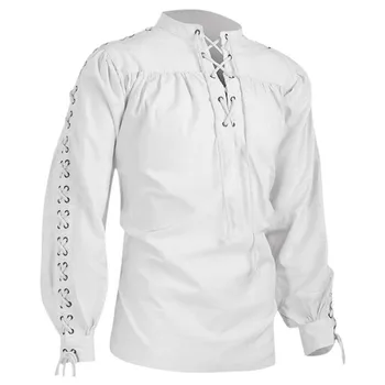 Мъжка превръзка Средновековна риза пират Модни блузи Дизайнерски ризи Мъжки блузи All-Match Casual Baggy Vintage camisas de hombre