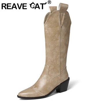 REAVE CAT 2021 Дамски ботуши Mid Calf Knight Slip On British Short Plush Pointed Toe Chunky Heel US15 Brown Black Apricot A4531