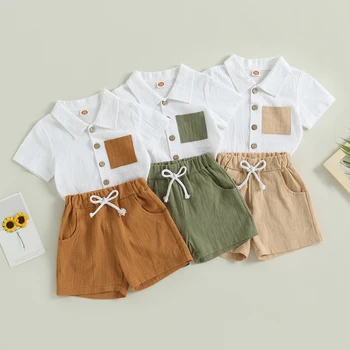 Infant Boys летни екипировки контраст цвят джоб завой-надолу яка къс ръкав ризи еластична талия шорти 2бр дрехи комплект 0-3T