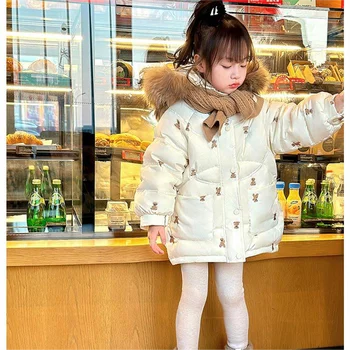 2023 Зимни момичета надолу памучно яке с качулка изкуствена кожа яка цип плюшени дебели топли детски дрехи корейска мода 5-12 години