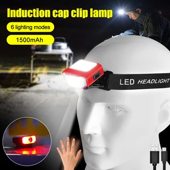 LED сензор фар индукционна капачка светлина USB акумулаторна шапка каска клип лампа 6 режима с червена предупредителна светлина за риболов къмпинг