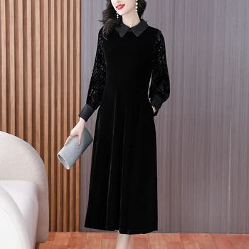 2023 Нова дантелена копринена рокля Дамска есенна и зимна черна кадифена рокля Корейска версия Свободна годни Casual Party Vestidos