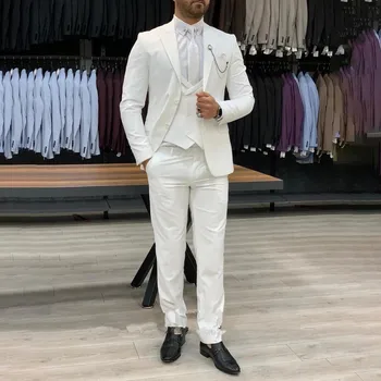 Моден бял костюм мъжки комплект Официален младоженец сватба връх ревера тънък годни смокинг мъжки офис бизнес блейзър (яке + жилетка + панталони)