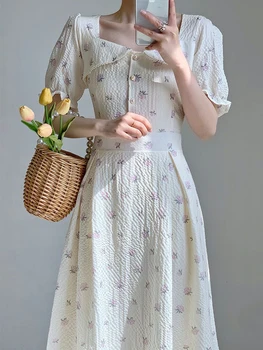 Елегантна дамска дълга рокля Нова френска флорална бутер ръкав едно парче корейско облекло Летни феерични рокли за жени 2023 Естетика