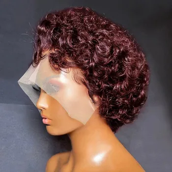 Pixie Cut Wig 99J Къси къдрави перуки от човешка коса Евтини перуки за човешка коса 13X1 Прозрачна дантелена перука за жени Човешка коса предварително оскубана