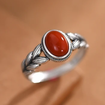 925 Silver Wheat Ear Ring е стилен и интелектуален мъжки и дамски моден ретро червен ахат пръстен аксесоар, който е ниша