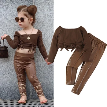 Пролет Есенна мода Детски момичета облекло Бебешко облекло Плътен цвят дълъг ръкав Crop върхове + PU кожени панталони Детски комплекти
