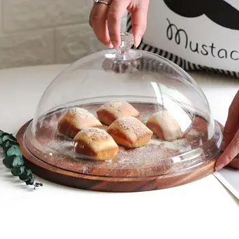 Акациева дървена торта дисплей ястие хляб плоча с капак десерт таблица тава с акрил плексиглас съхранение тава