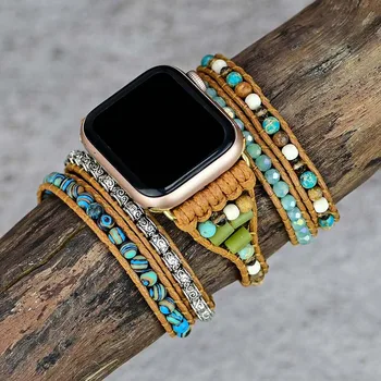 Гривна за Apple Watch Band Естествен император камък восъчно въже гривна синьо микс цвят часовник гривна бижута на едро